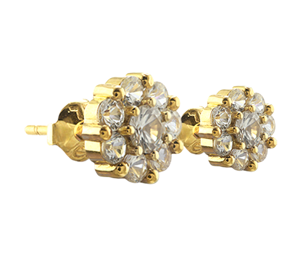 18KT YELLOW GOLD EARRING PAIR SET WITH 02 WHITE SAPPHIRES AND 14 WHITE SAPPHIRES 

